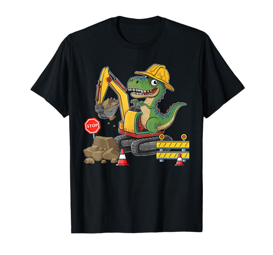 Dinosaur Construction Worker Excavator Truck Kids Boy Girl T-Shirt