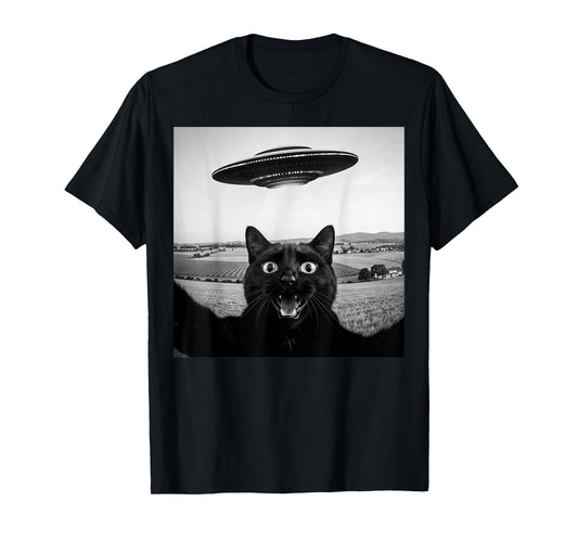 Black Cat Selfie UFO Alien Funny Gifts For Men Women Kids T-Shirt