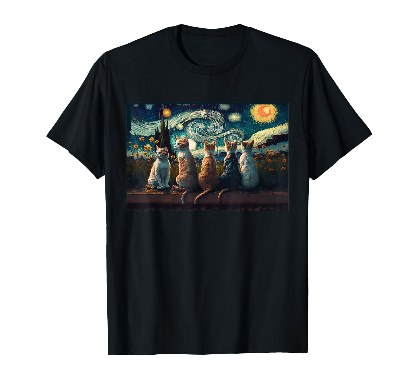 cats painting art sitting Starry Night kitty kitten Van Gogh T-Shirt