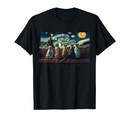 cats painting art sitting Starry Night kitty kitten Van Gogh T-Shirt