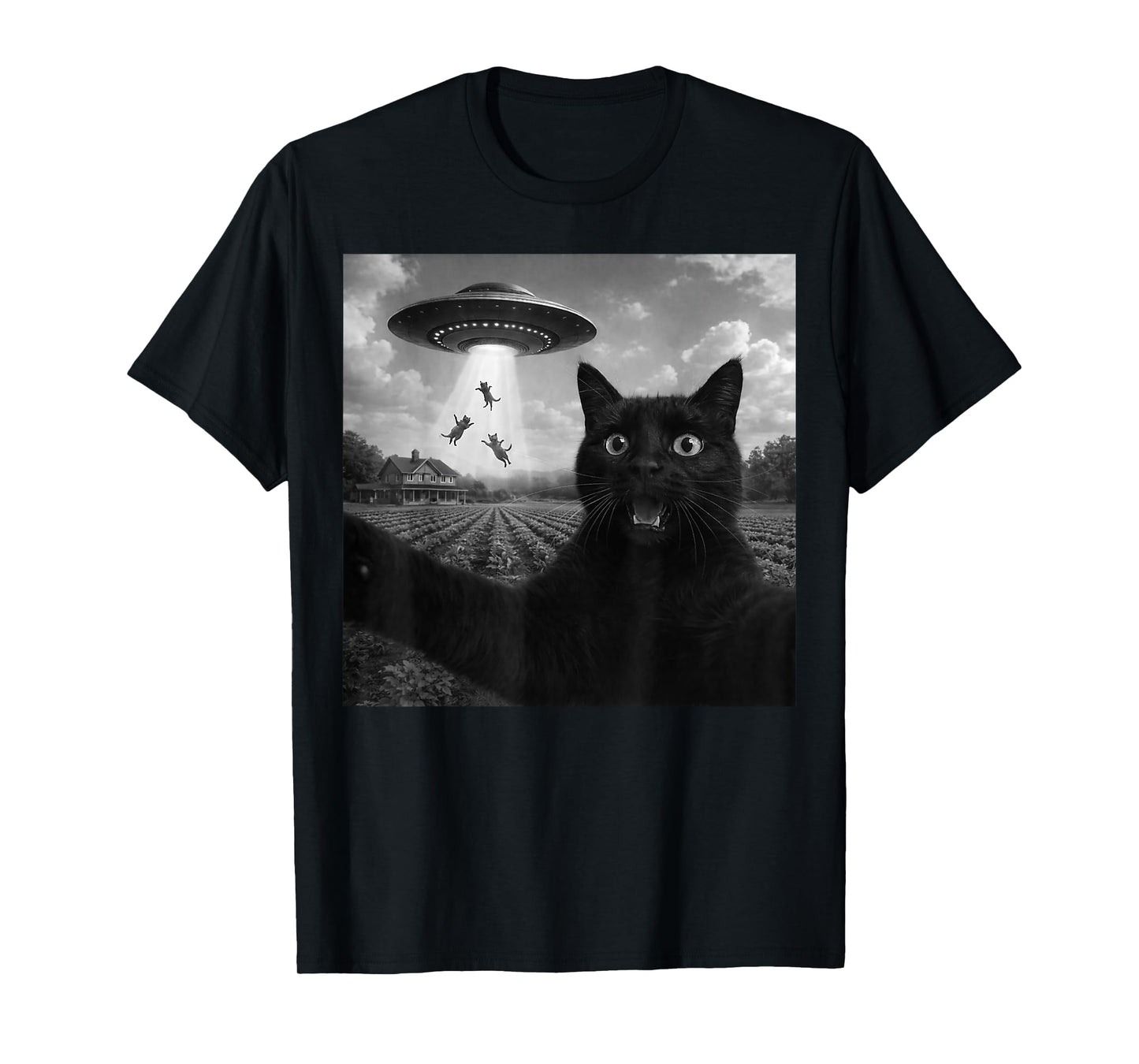 Cat Selfie with Alien UFO Funny Cats Gifts Boy Men Women Kid T-Shirt