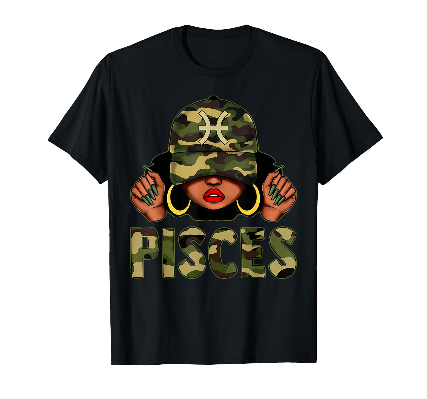 Pisces Queen Black Women Cap Hat Camo Afro Girl Zodiac T-Shirt