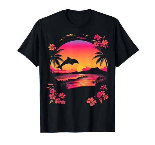 Tropical Sunset Dolphin Pink Beach Scene Men Women Kids T-Shirt