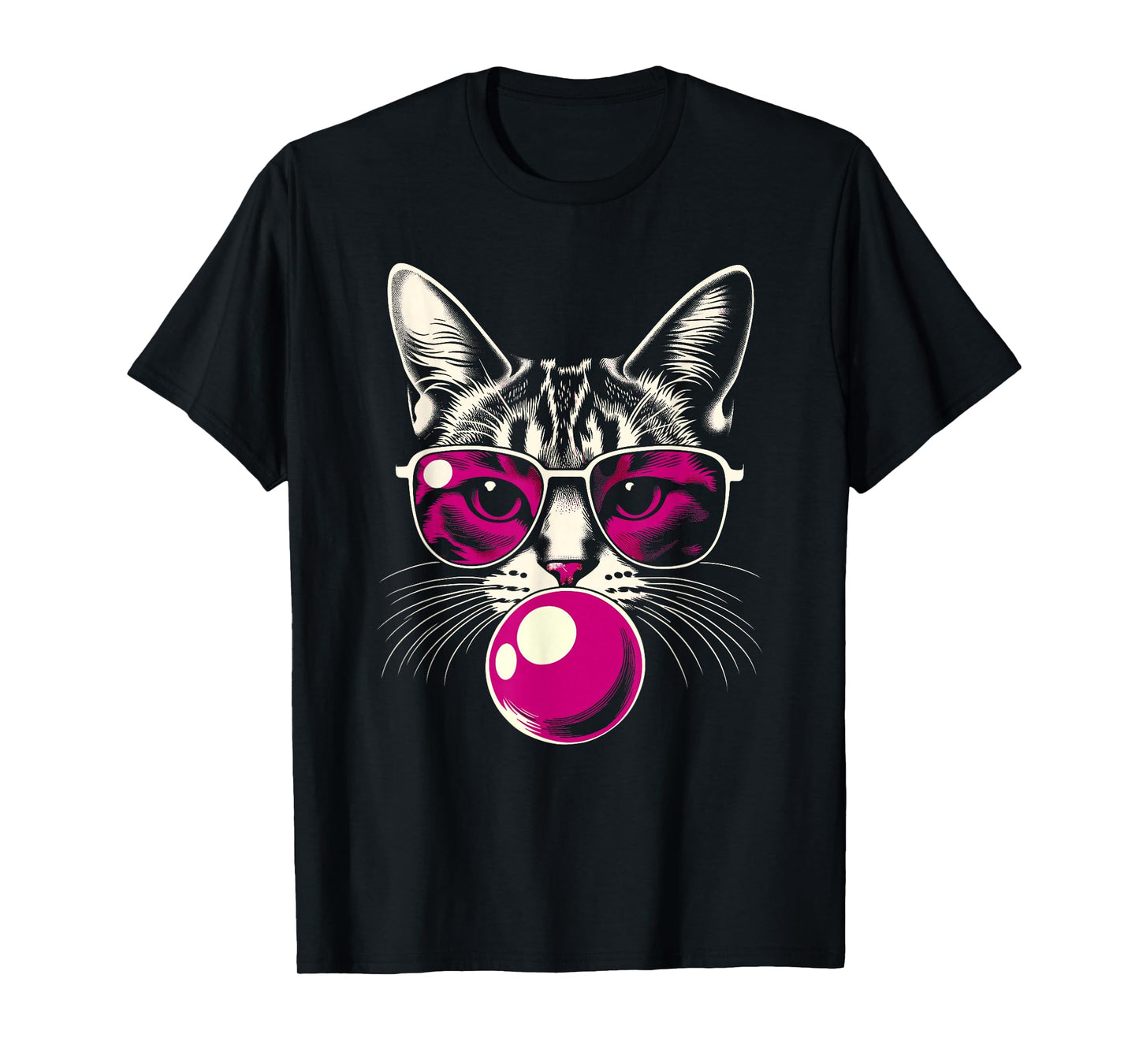 Cat in Pink Glasses Pink Bubble Men Women Kids Funny Cat T-Shirt