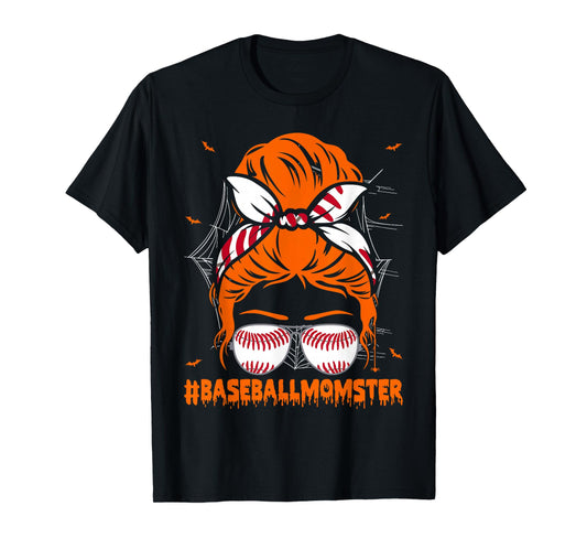 Baseball Momster for Women Halloween Mom Messy Bun T-Shirt