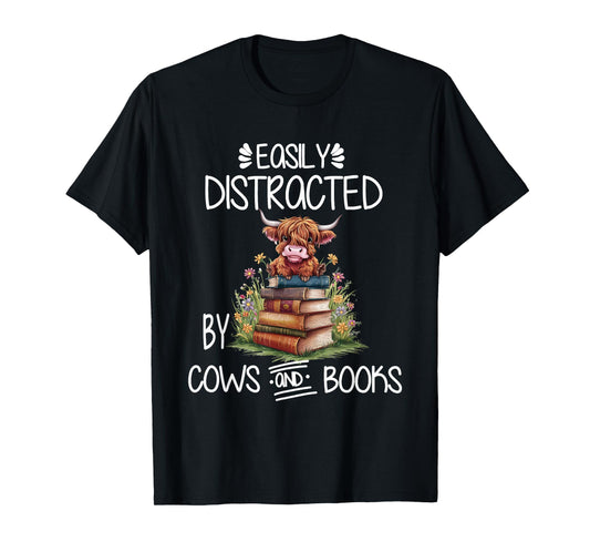 Easily Distracted By Cows And Books Highland Cow Book Lover T-Shirt