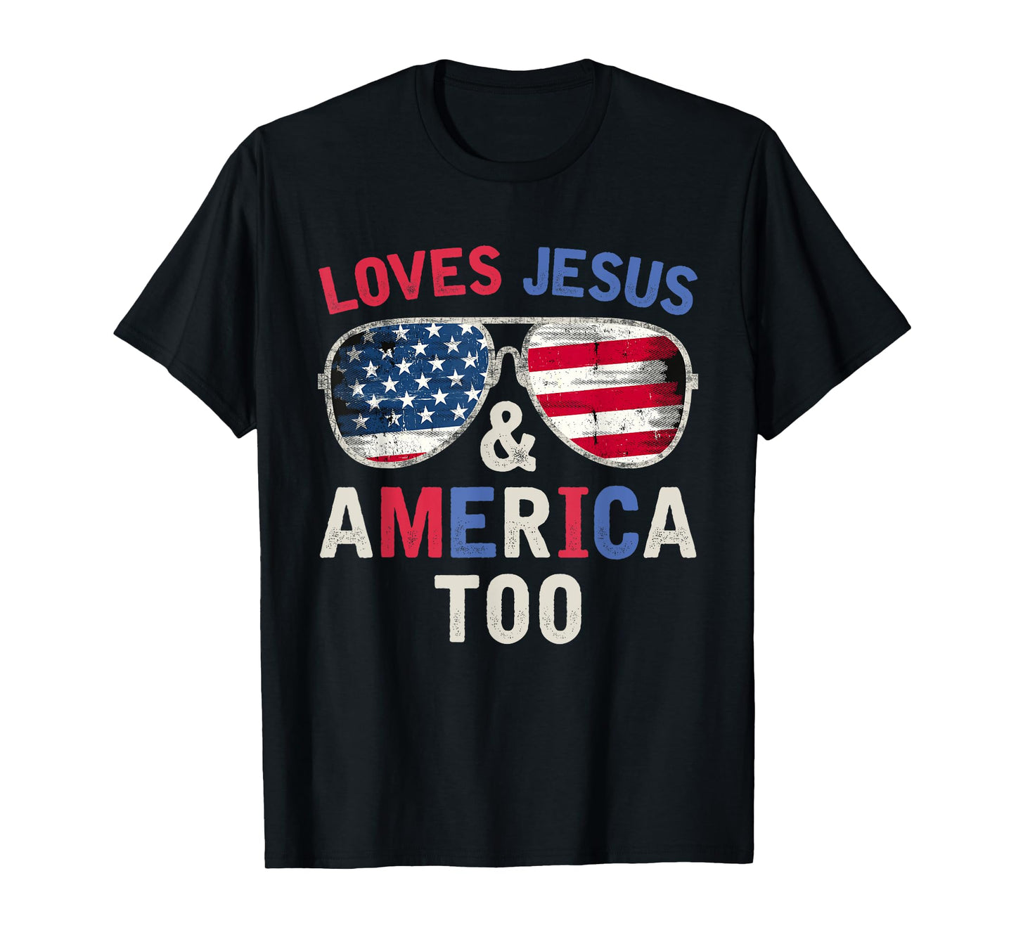 Loves Jesus and America Too God Christian Groovy 4th of July T-Shirt