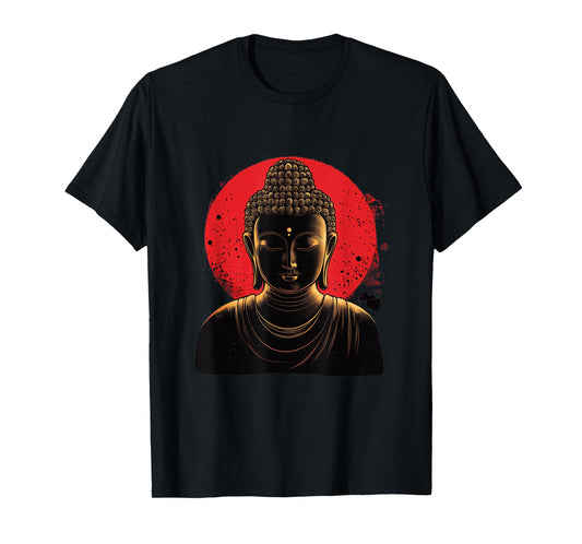 Golden Buddha Head Silhouette with Red Sun T-Shirt