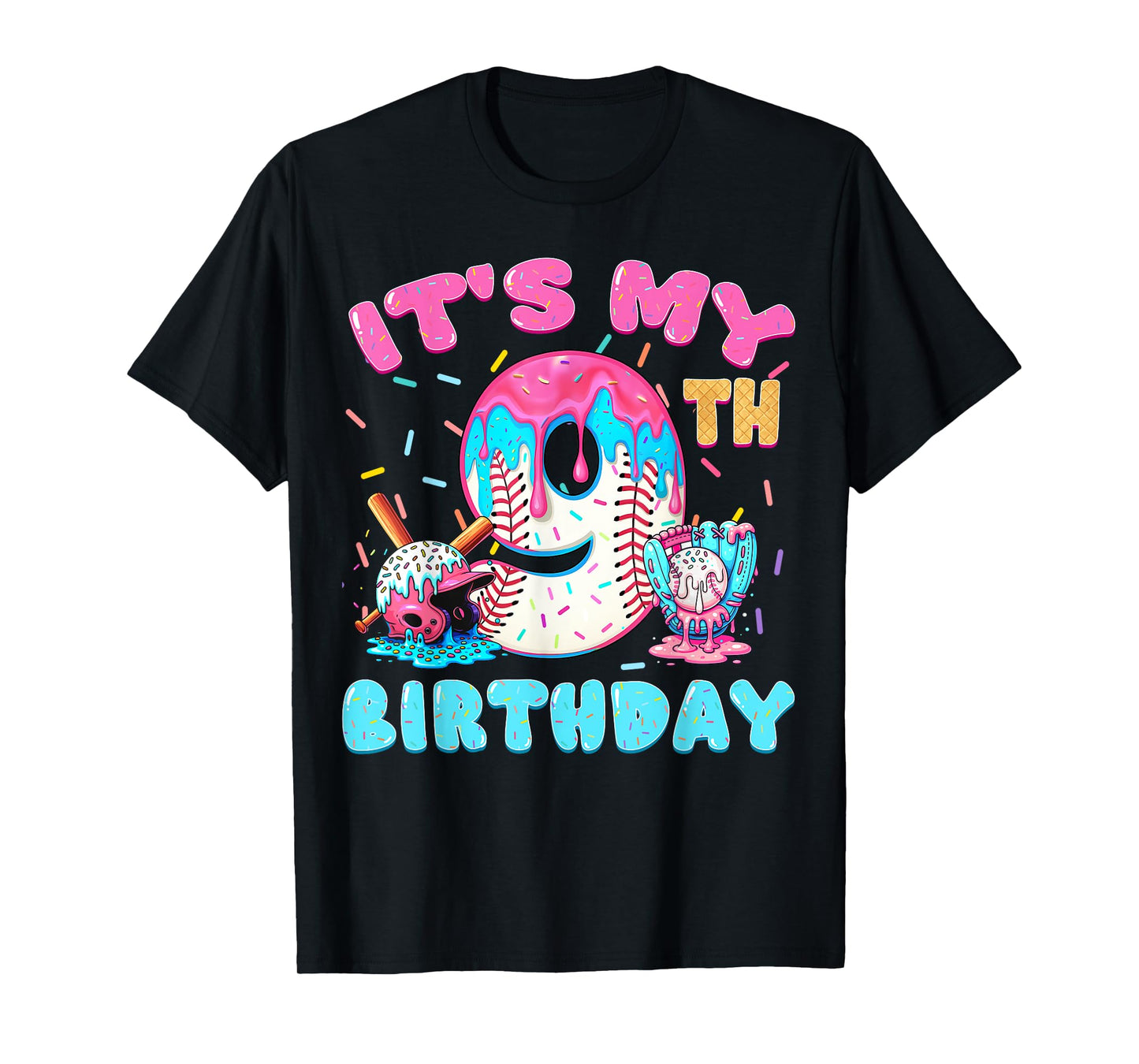 Baseball 9 Year Old Ice Cream Drip 9th Birthday Boy Number 9 T-Shirt