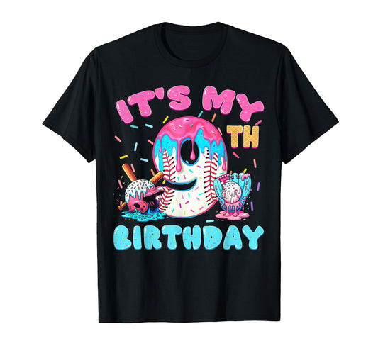 Baseball 9 Year Old Ice Cream Drip 9th Birthday Boy Number 9 T-Shirt