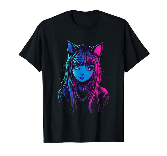 Neon Anime Cat Girl Furry Style Art for Teens Kawaii Cosplay T-Shirt