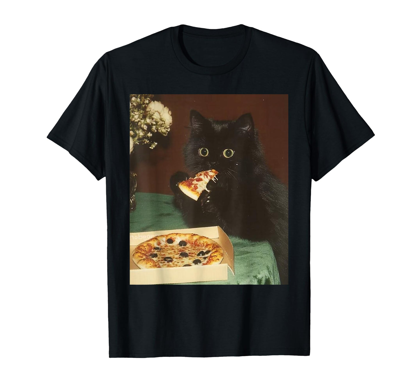Funny Black Cat Eating Pizza Vintage Meme Kitty Lover T-Shirt