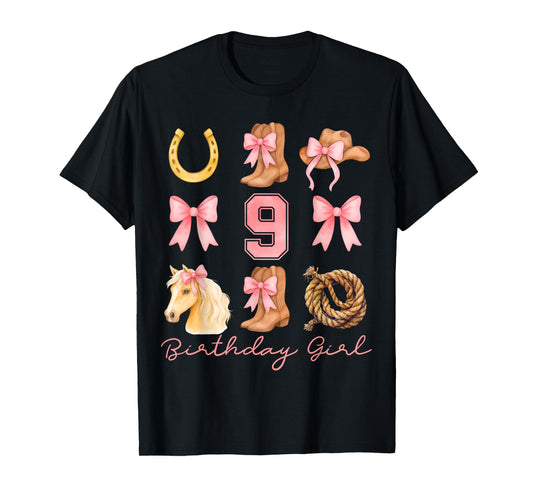 Coquette Bow 9th Birthday Girl Cowgirl 9 Year Old Western T-Shirt