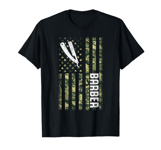 Camo American Flag USA Camouflage Patriotic Barber Women Men T-Shirt