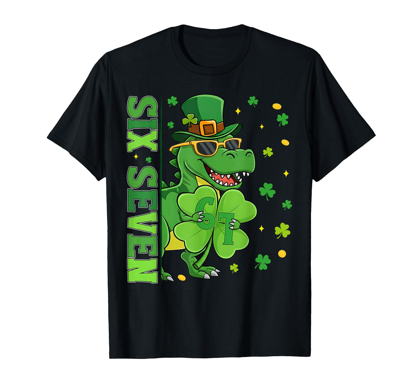 67 Six Seven Meme Funny St Patrick's Day Dinosaur Shamrock T-Shirt