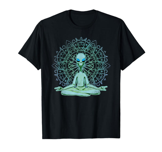 Alien Shirt UFO Mandala Meditating Green Alien Lotus Zen T-Shirt