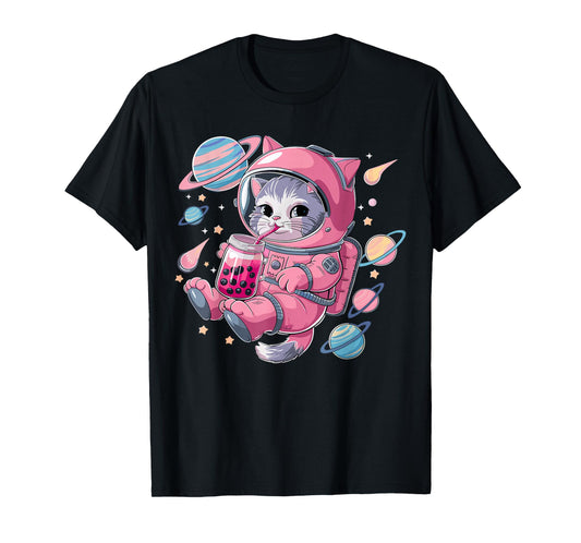 Kawaii Cat Bubble Tea Boba Tea Space Astronaut Anime Girls T-Shirt
