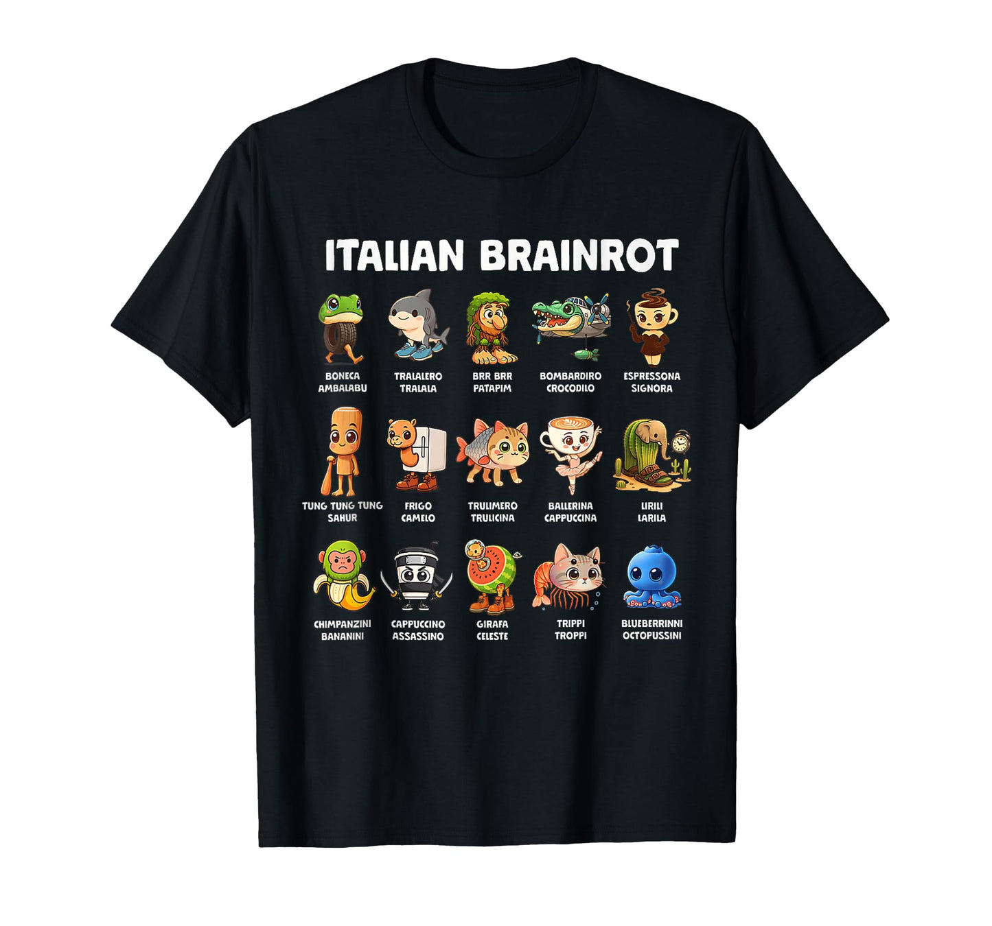Types of Italian Brainrot Meme Character Hand Drawn for Kids T-Shirt