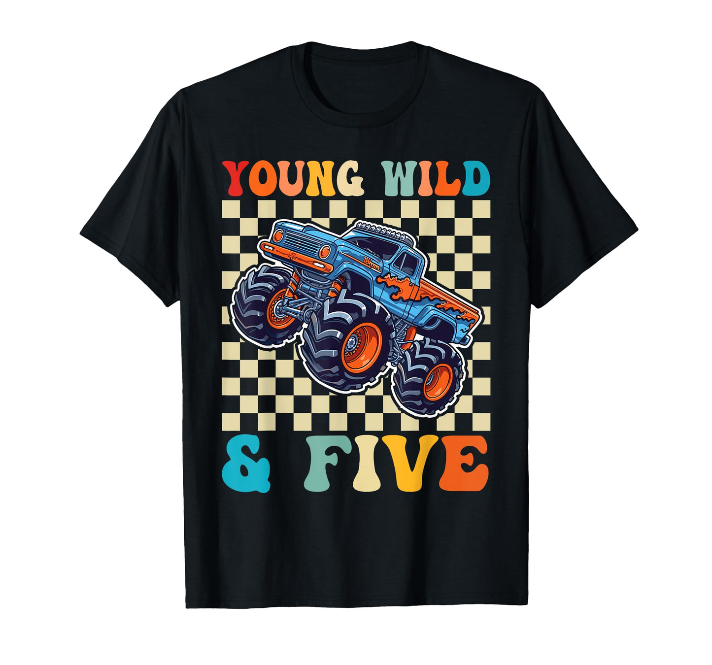 Kids 5th Birthday Monster Truck Young Wild and Five 5 Year T-Shirt