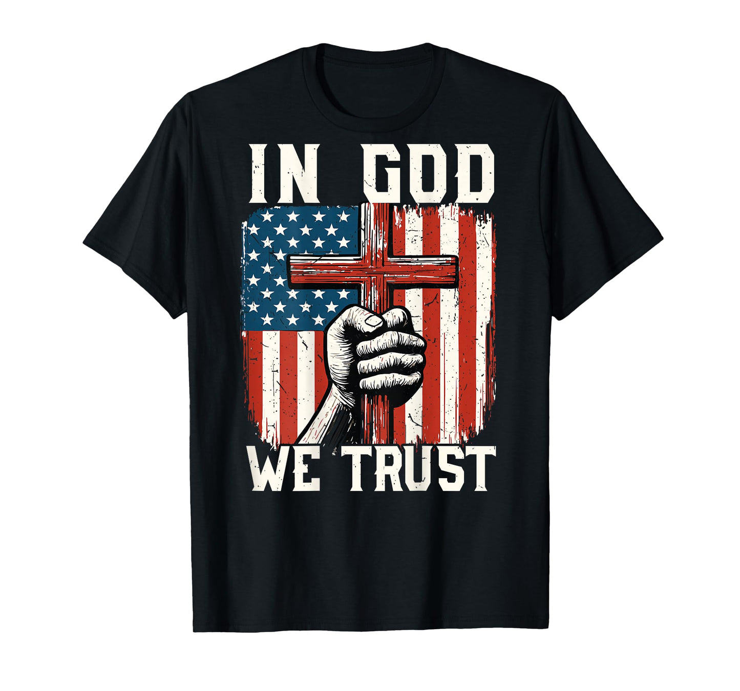 On-Back in God We Trust Patriotic Christian Cross USA Flag T-Shirt