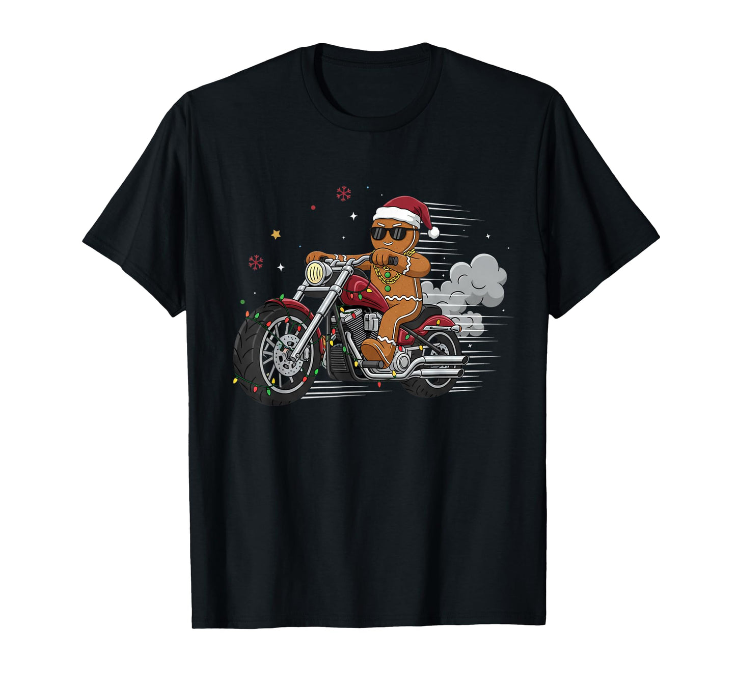 Funny Christmas Gingerbread Man Biker Riding a Motorcycle T-Shirt