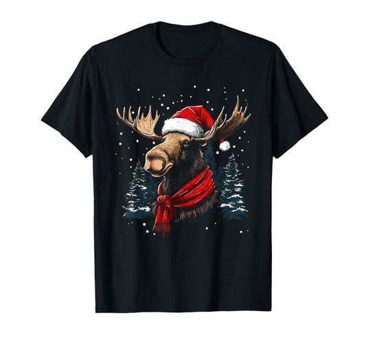 Moose Santa Hat Christmas Pajama Funny Moose Xmas T-Shirt