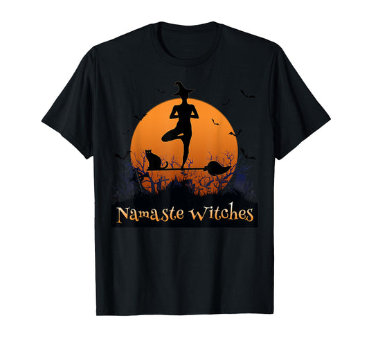 Yoga Lovers Namaste Witches Full Moon Cemetery Halloween T-Shirt
