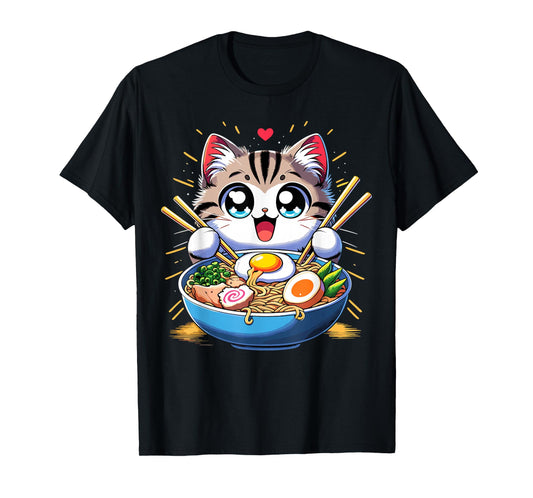 Kawaii Cat Japanese Anime Manga Cat Ramen T-Shirt