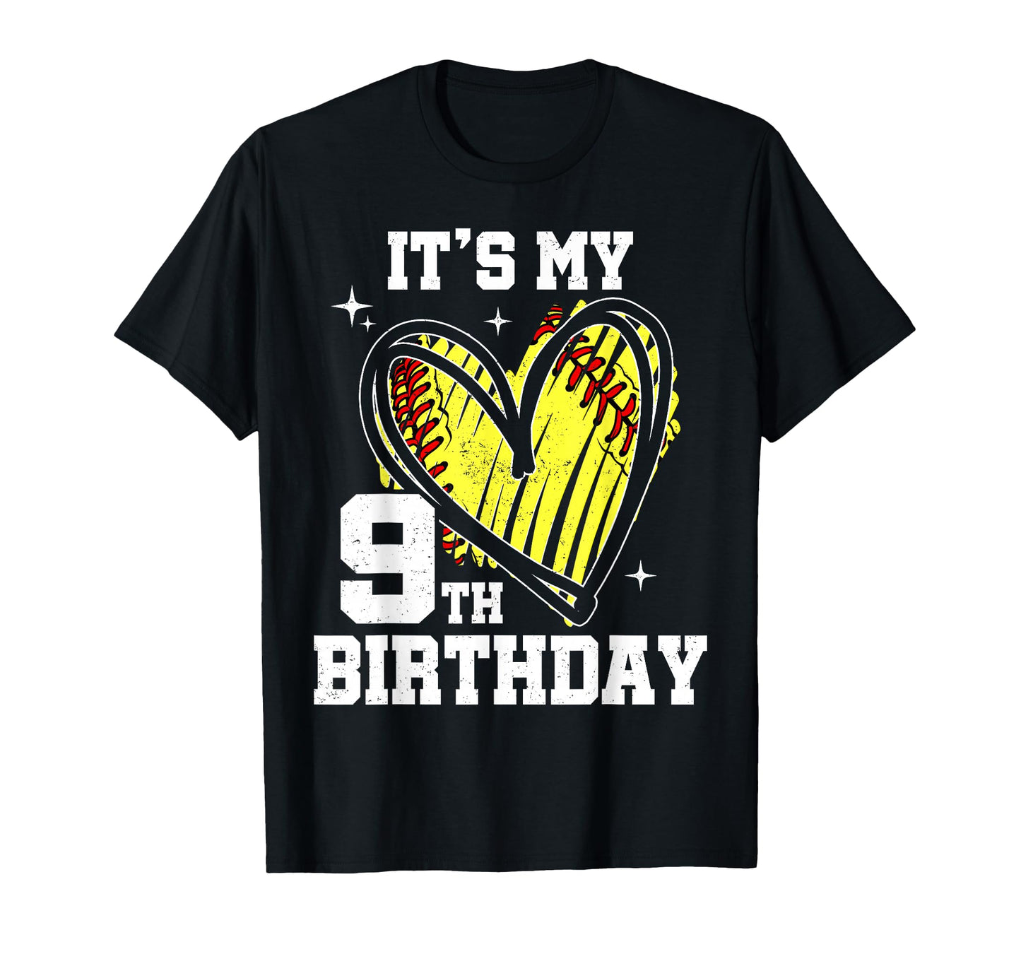 It's My 9th Birthday Softball Heart 9 Year Old Birthday T-Shirt