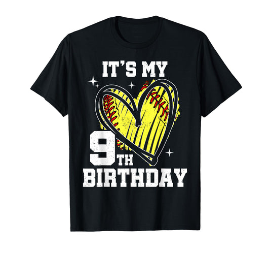 It's My 9th Birthday Softball Heart 9 Year Old Birthday T-Shirt