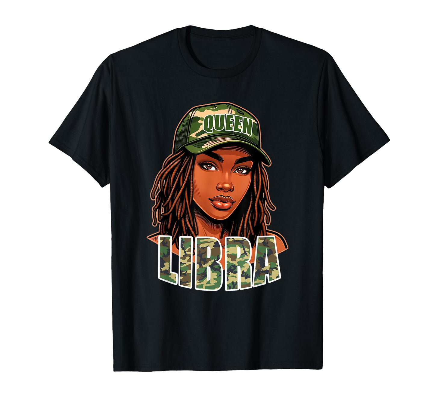 Libra Queen Black Woman Camo Hat Locs Birthday T-Shirt