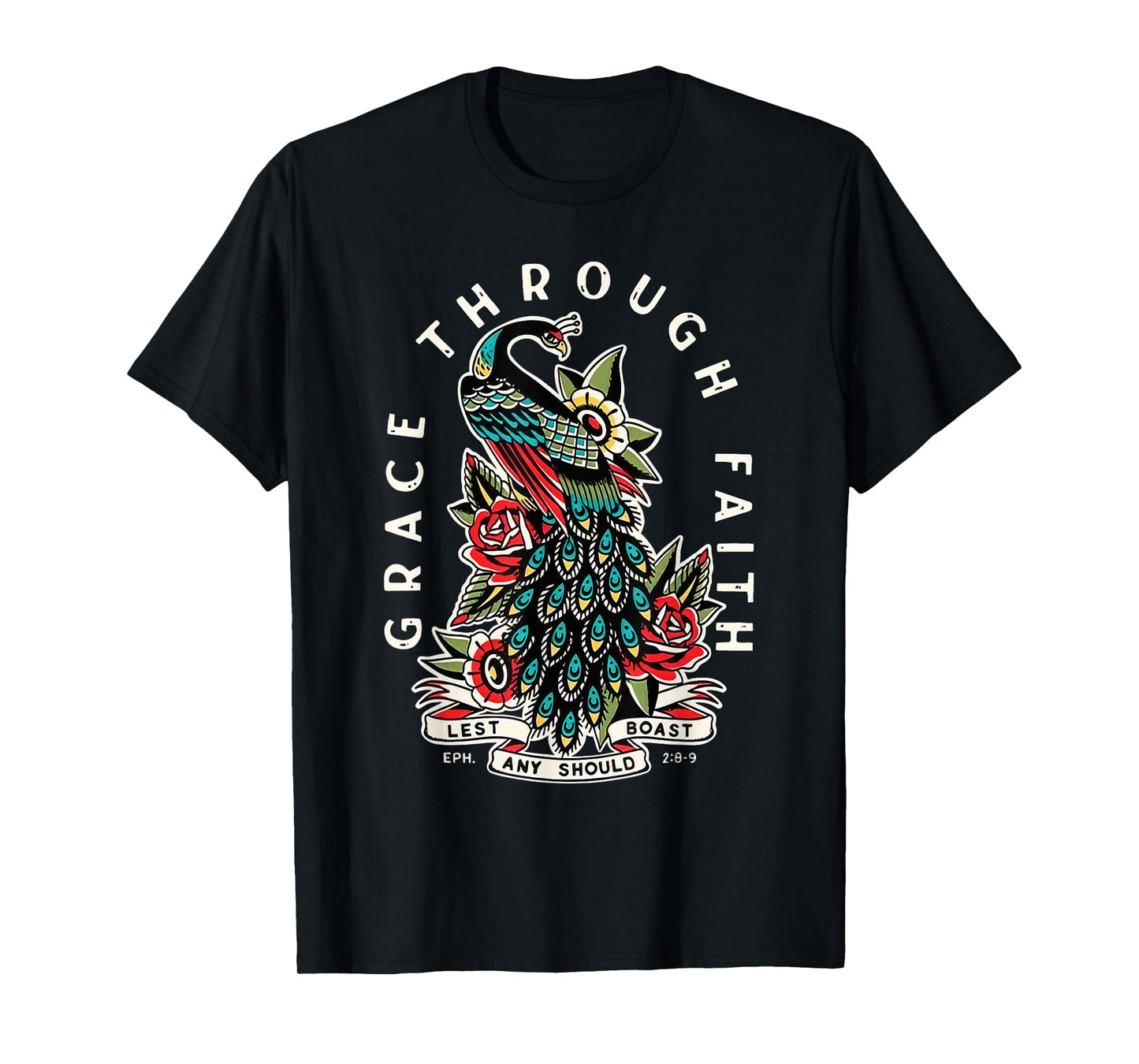 Grace Through Faith Lest Any Should Boast Peacock Christian T-Shirt