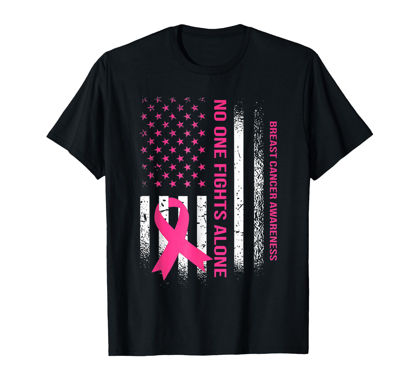 No One Fights Breast Cancer Alone American Flag Pink Ribbon T-Shirt