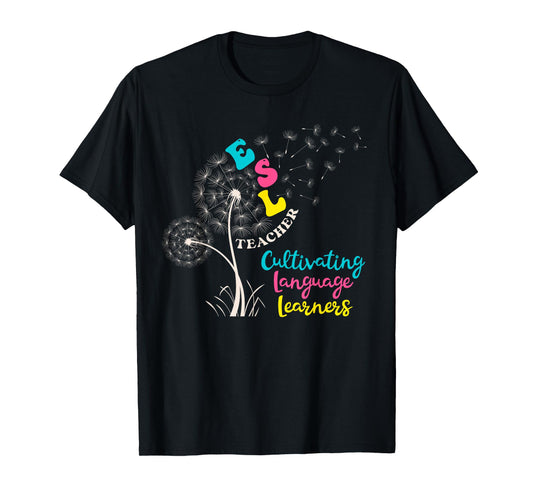 Funny Teach Multilingual Learners ESOL Dandelion Cute ESL Teacher English as a Second Language Retro Floral Short Sleeve Crew Neck T-Shirt for ESL Teachers, Kids, Unisex, Black, Small