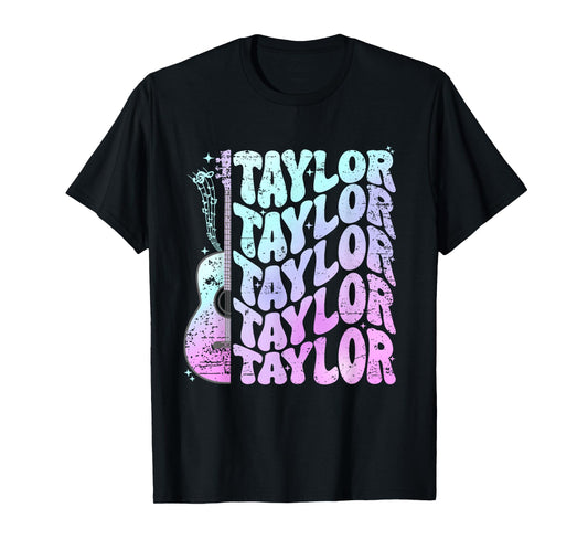 Girl Retro Taylor First Name Personalized Groovy 80's Pink T-Shirt
