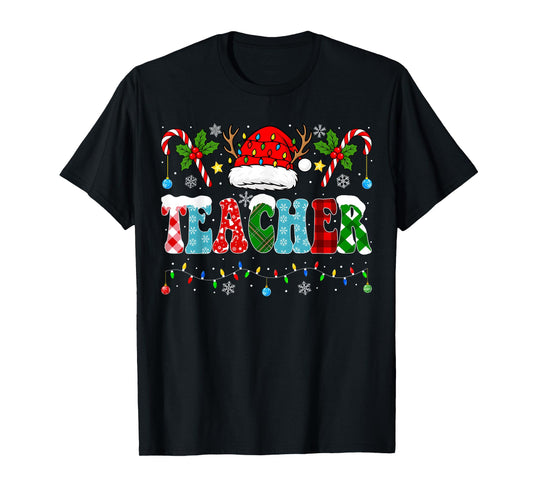 Santa Hat Teacher Christmas Lights Funny Christmas Teacher T-Shirt