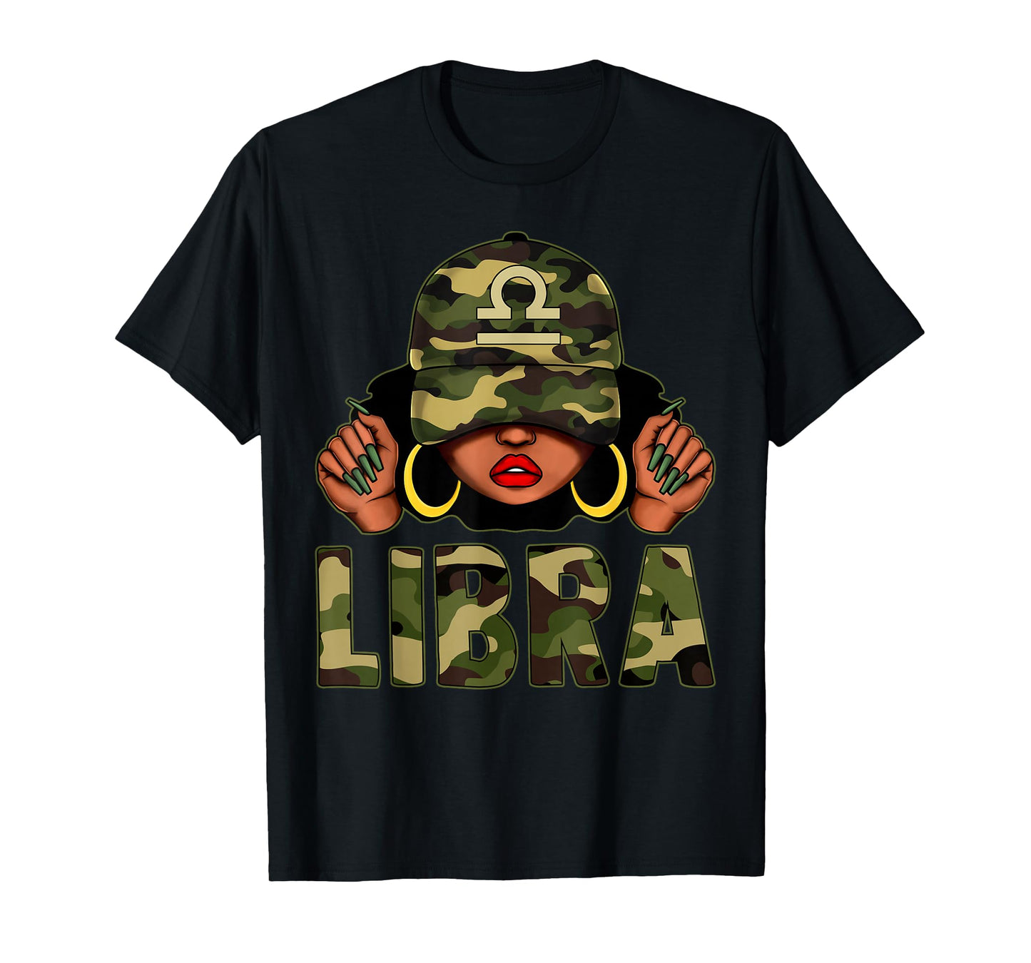 Libra Queen Black Woman With Cap Camo Afro Girl Zodiac T-Shirt