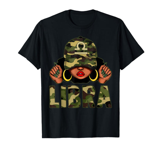 Libra Queen Black Woman With Cap Camo Afro Girl Zodiac T-Shirt