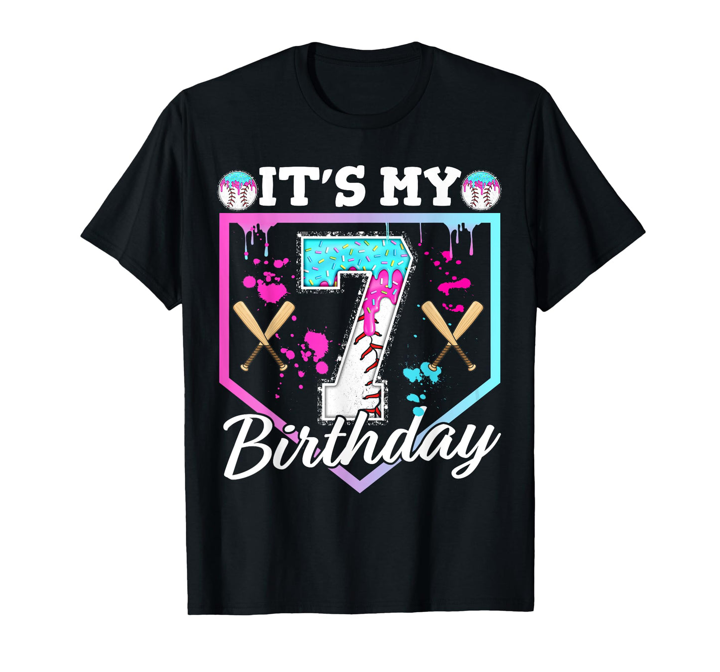 Baseball Drip 7 Year Old Ice Cream 7th Birthday Boy Dripping T-Shirt