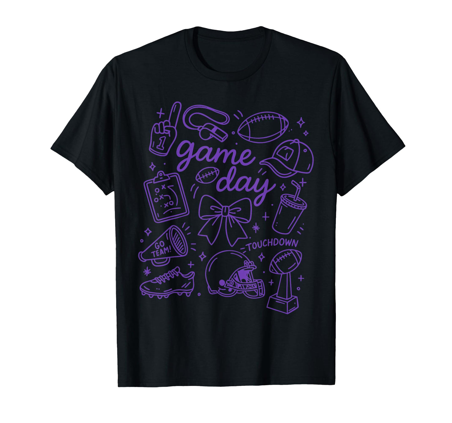 Purple Coquette Bow Cheer Game Day Doodle Touchdown Football T-Shirt