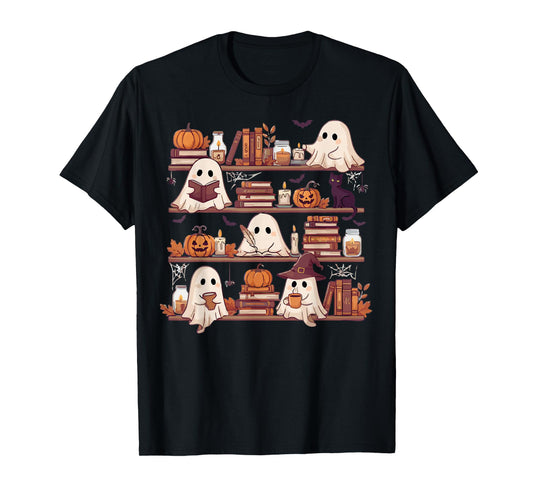 Retro Ghosts Reading Book Halloween Bookshelf Spooky Library T-Shirt