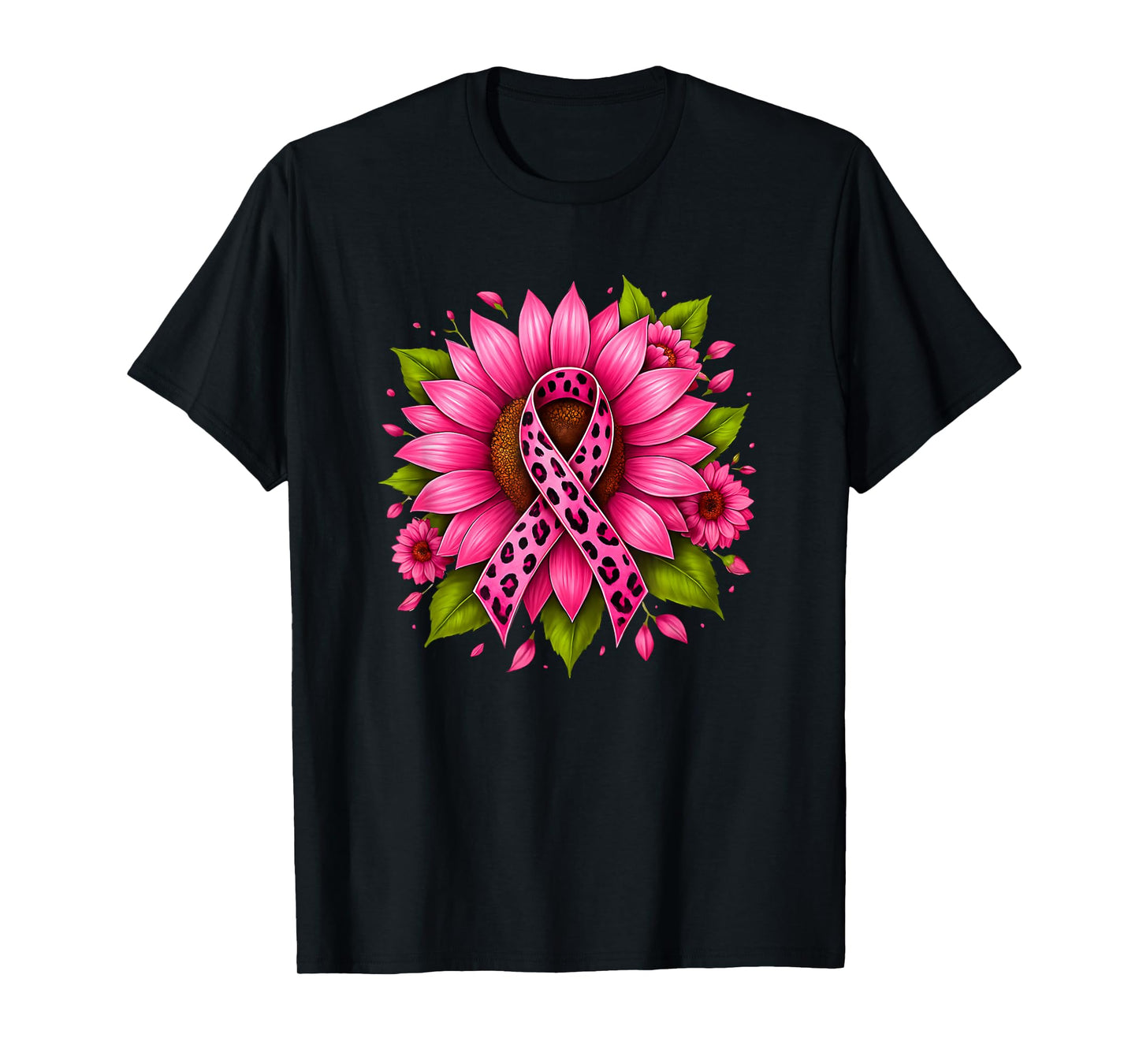 Pink Ribbon Sunflower Women Warrior Breast Cancer Support T-Shirt