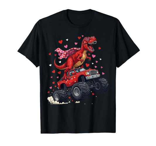 Valentines Day T Rex Riding Monster Truck Dino Heart T-Shirt