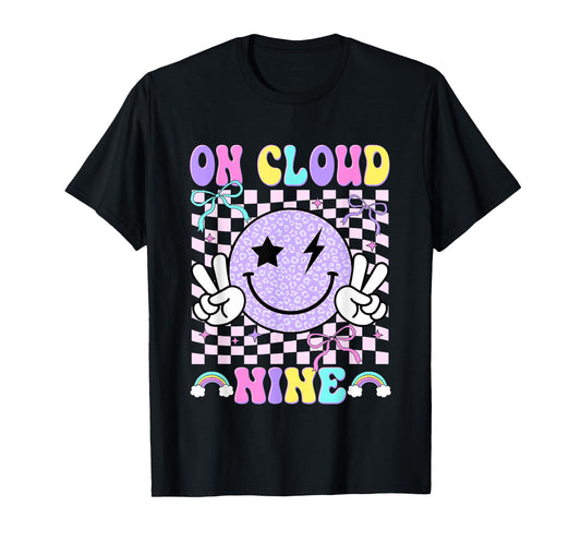 On-Cloud Nine Checkered Smile Face Coquette 9th Birthday Kid T-Shirt