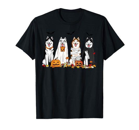 Siberian Husky Dogs Ghost Witch Mummy Halloween Pumpkins T-Shirt