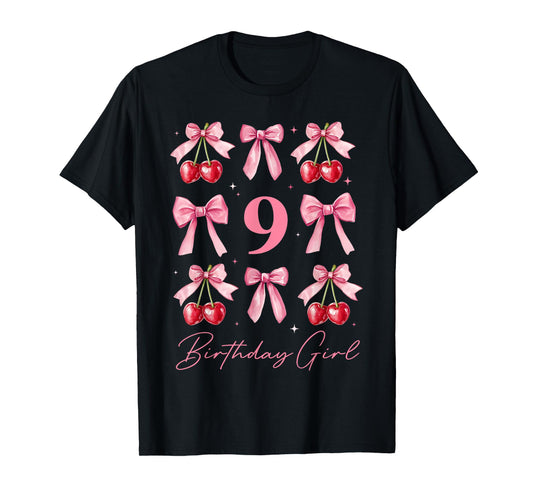 Birthday Girl 9th Birthday Cherry Coquette Bow 9 Year Old T-Shirt