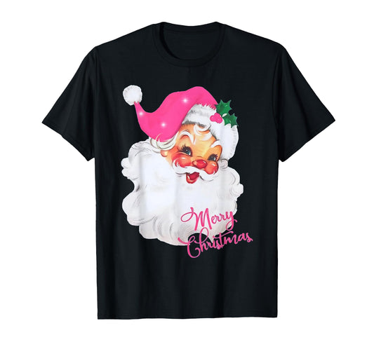 Vintage Pink Santa Claus Merry Christmas Pajamas Xmas Women T-Shirt