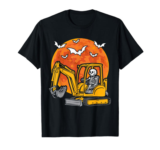 Skeleton Driving Truck Excavator Halloween Construction Kids T-Shirt