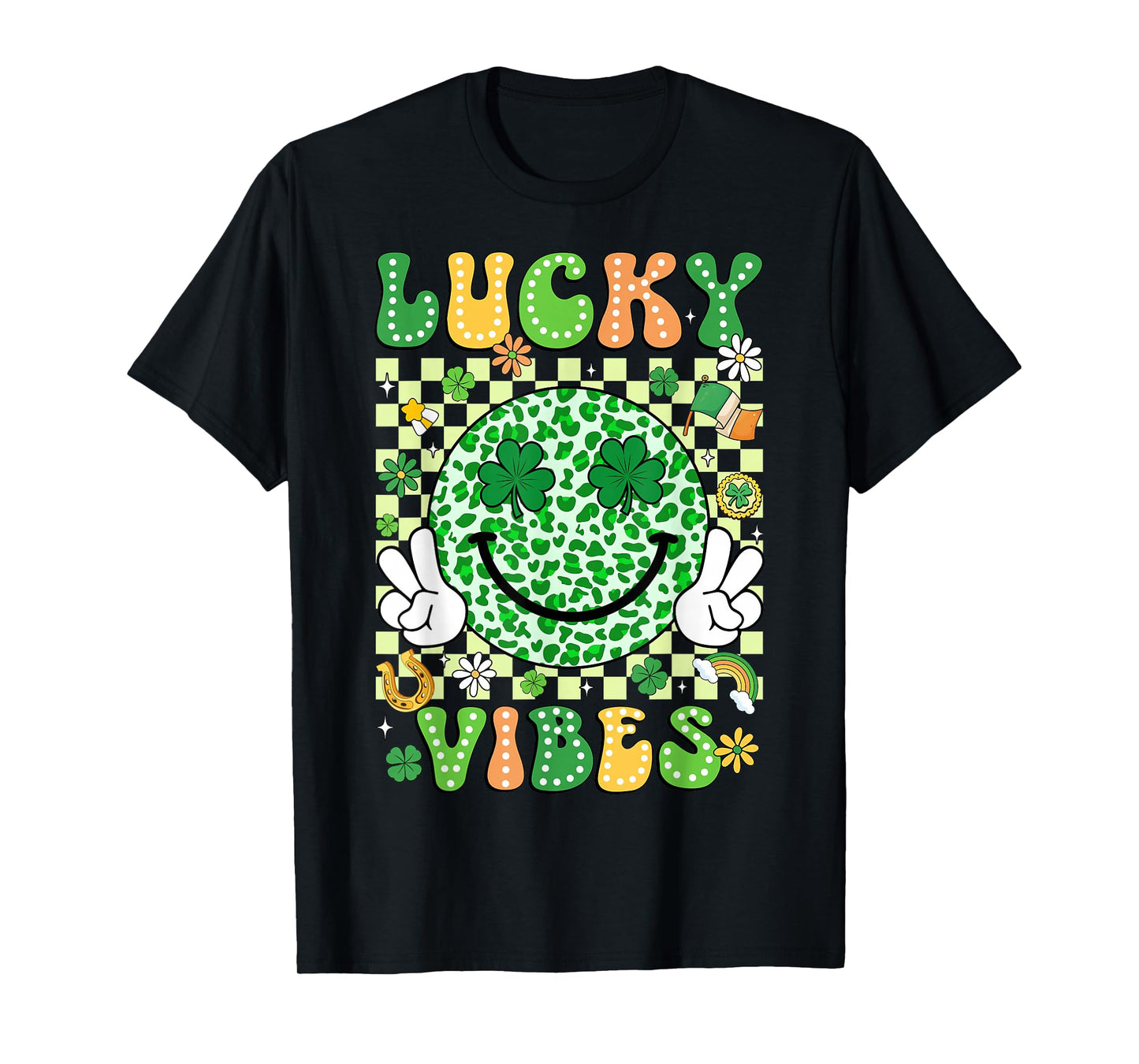 Groovy St Patricks Day Lucky Vibes Shamrock Women Men Kids T-Shirt