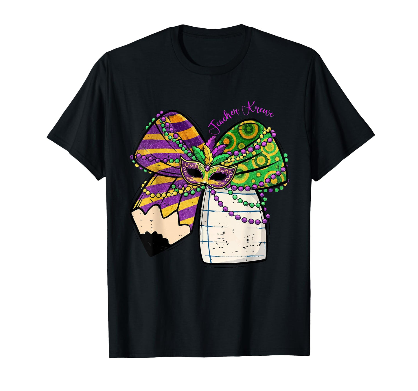 Coquette Bow Pencil Mask Beads Mardi Gras Teacher Krewe Cute T-Shirt